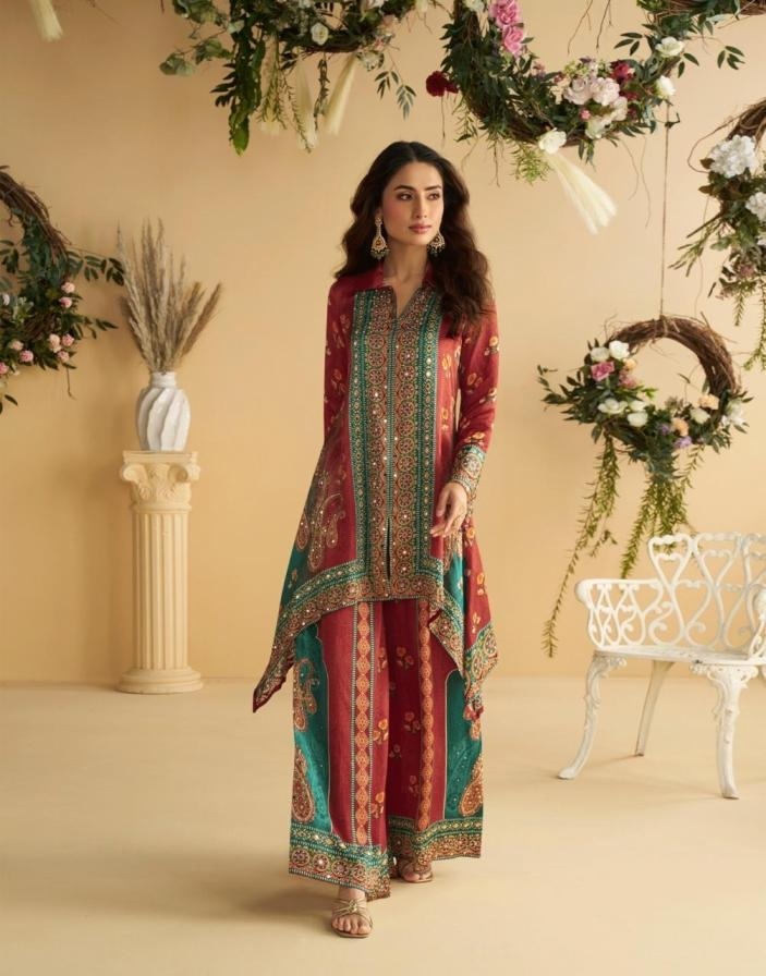 Pure Crepe Silk Digital Print Embellished Mirror Work Co-ord Set 10085