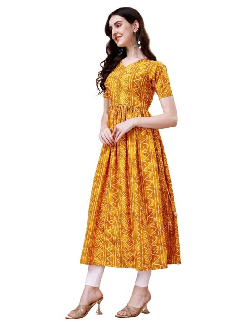 Pure Rayon Yellow Bandhani Nayra Cut Long Kurti 1081