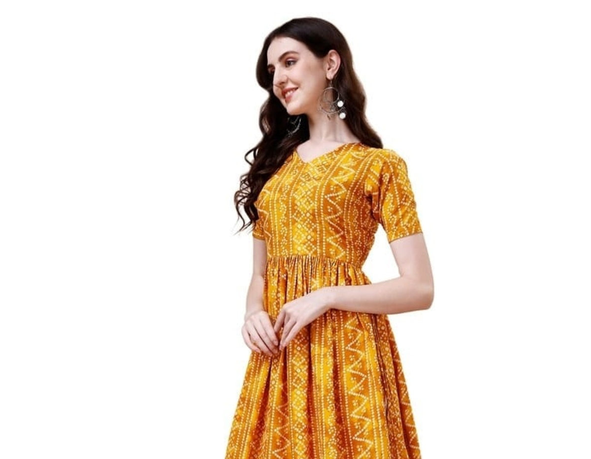 Pure Rayon Yellow Bandhani Nayra Cut Long Kurti 1081