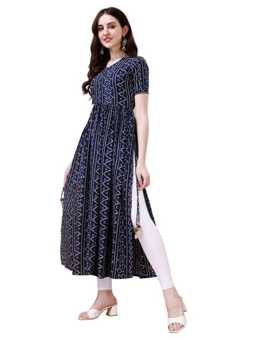 Pure Rayon Navy Blue Bandhani Nayra Cut Long Kurti 1082