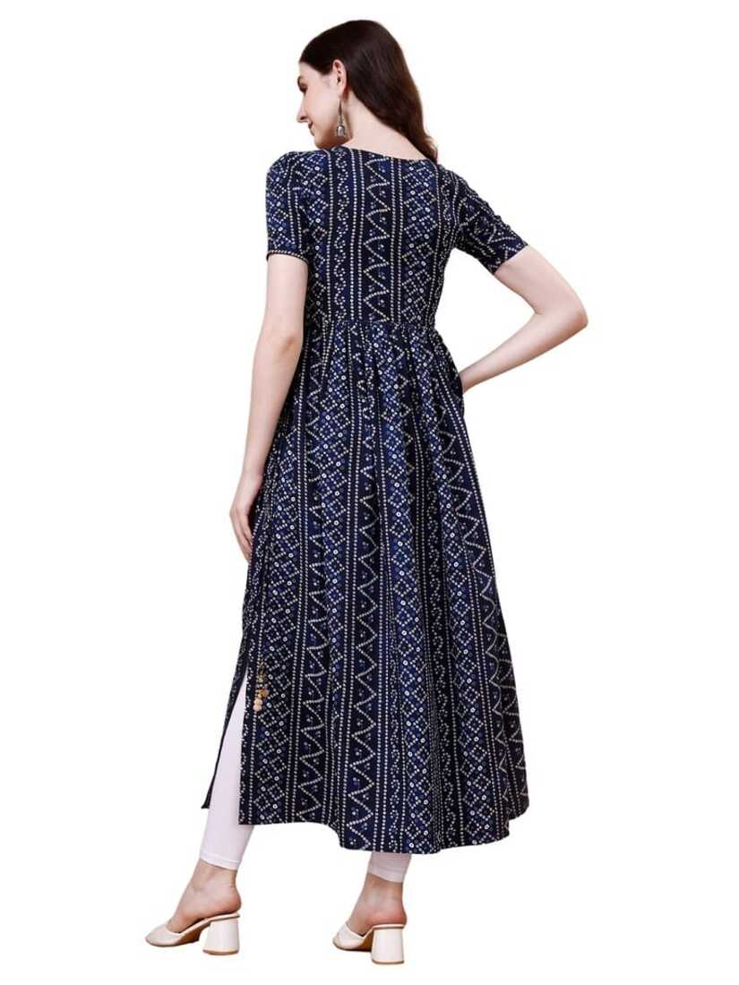 Pure Rayon Navy Blue Bandhani Nayra Cut Long Kurti 1082