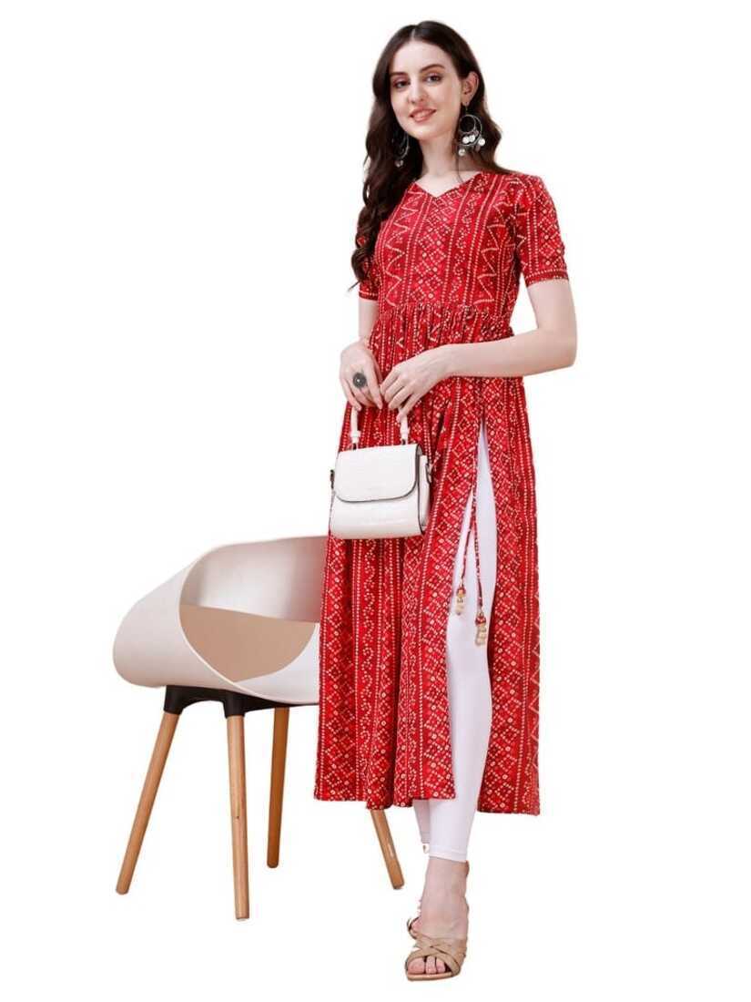 Pure Rayon Red Bandhani Nayra Cut Long Kurti 1083