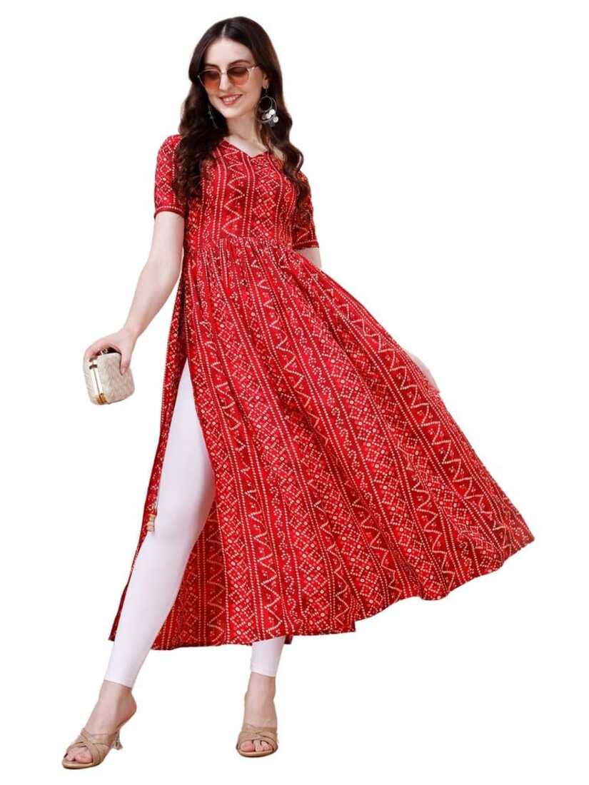 Pure Rayon Red Bandhani Nayra Cut Long Kurti 1083