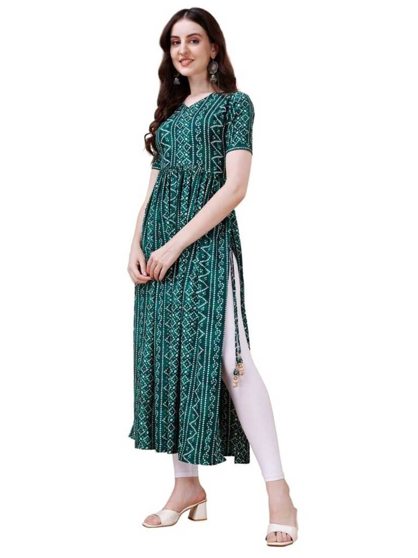 Pure Rayon Green Bandhani Nayra Cut Long Kurti 1084