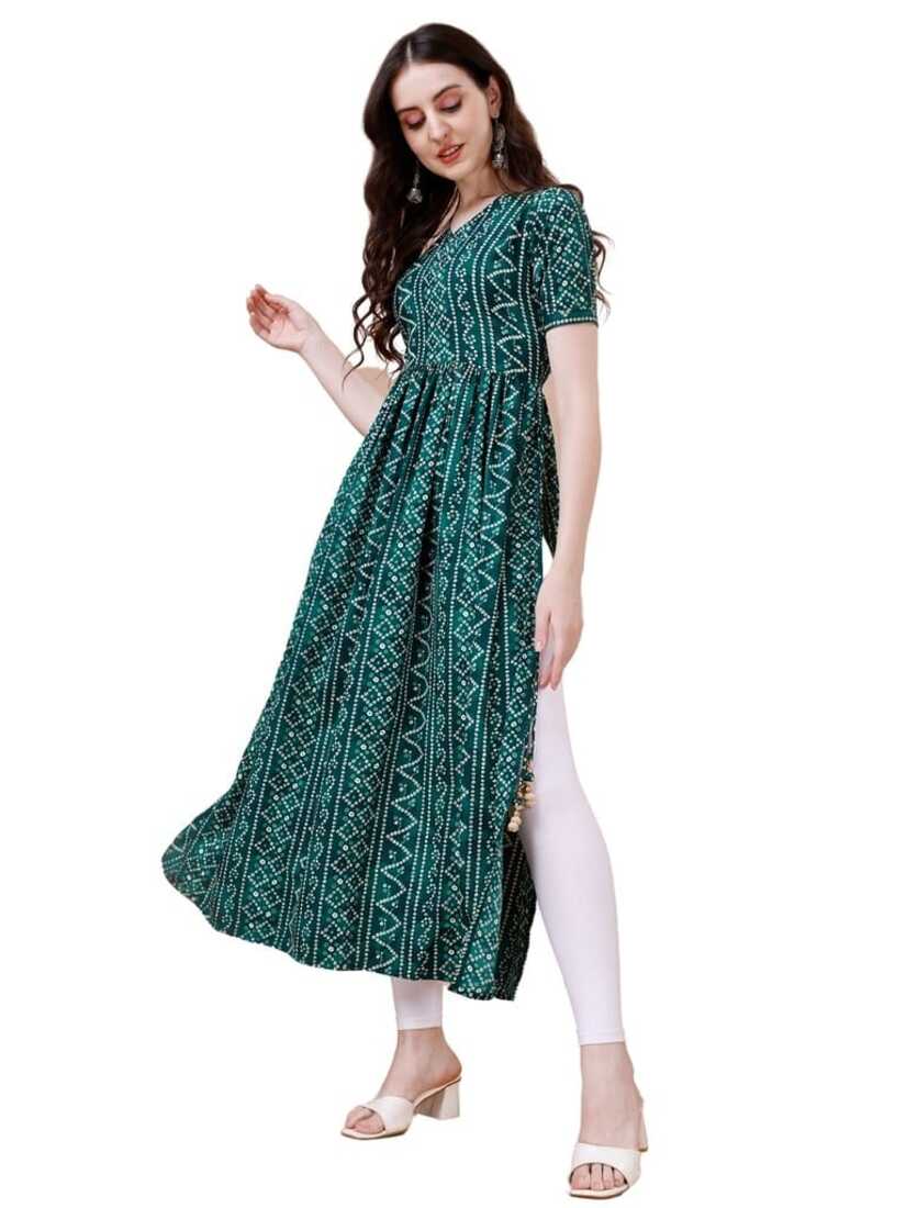 Pure Rayon Green Bandhani Nayra Cut Long Kurti 1084