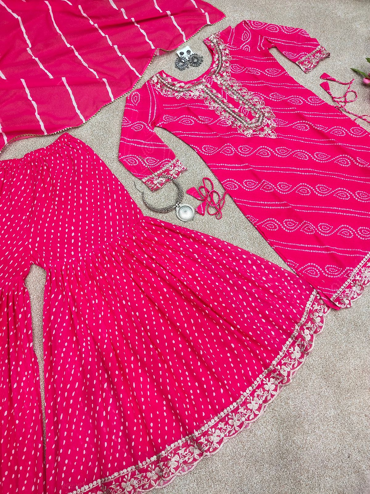 Bandhani Print Georgette Gharara Suit With Leriya Dupatta 1142