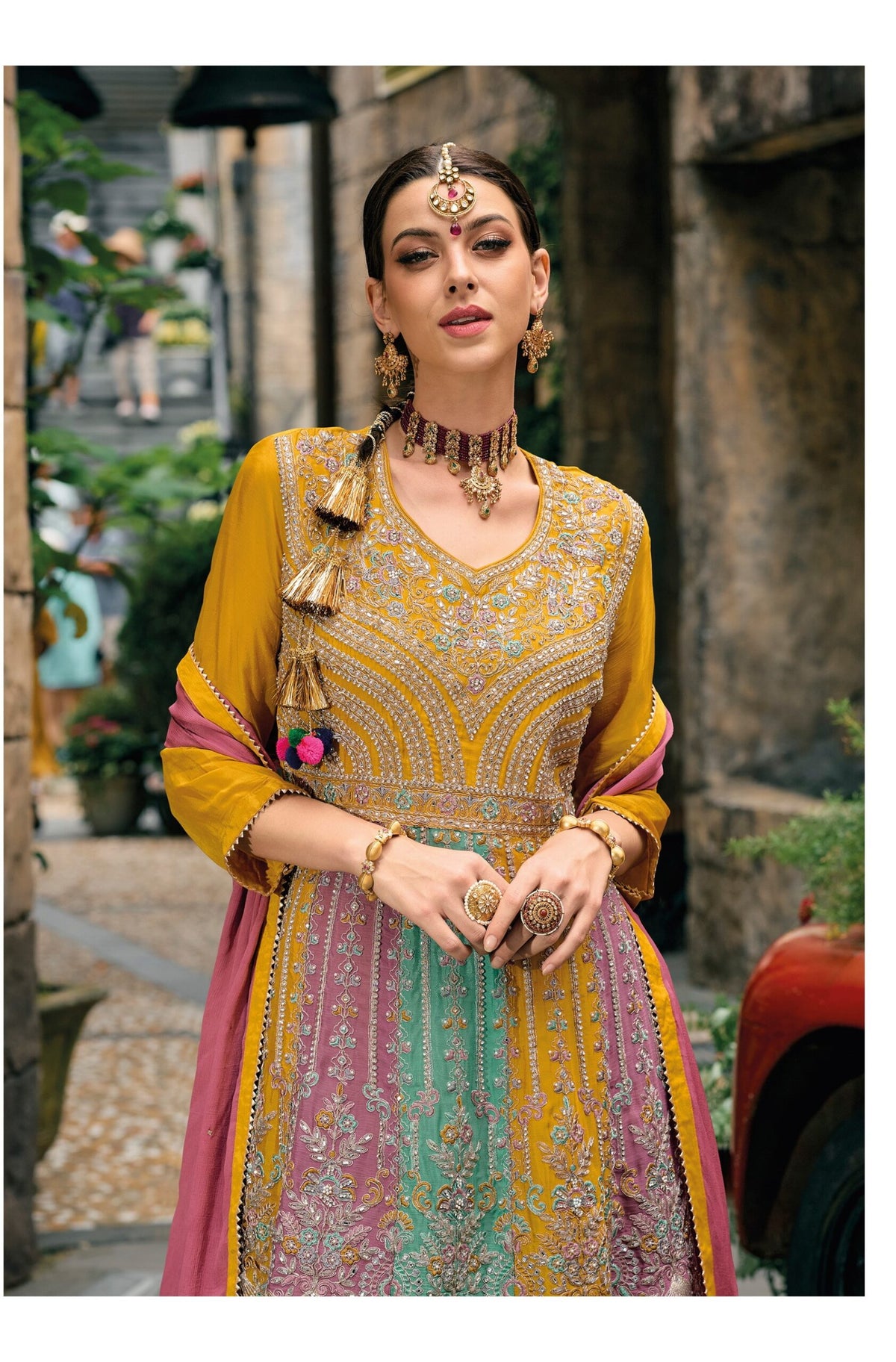 Yellow Multicolor Thread Work Wedding Chinon Silk Semi Stitched Palazzo Suit 1608