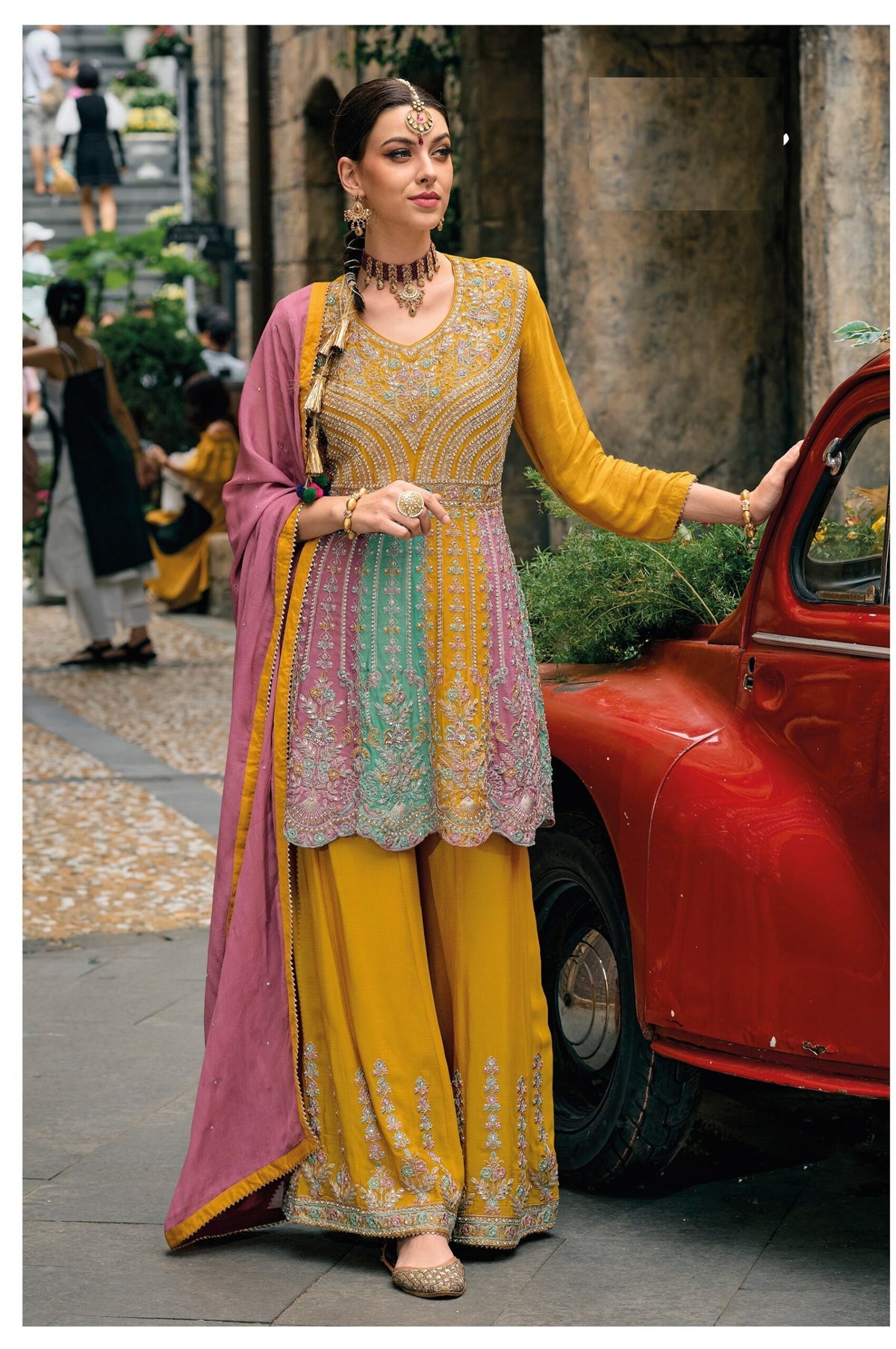 Yellow Multicolor Thread Work Wedding Chinon Silk Semi Stitched Palazzo Suit 1608