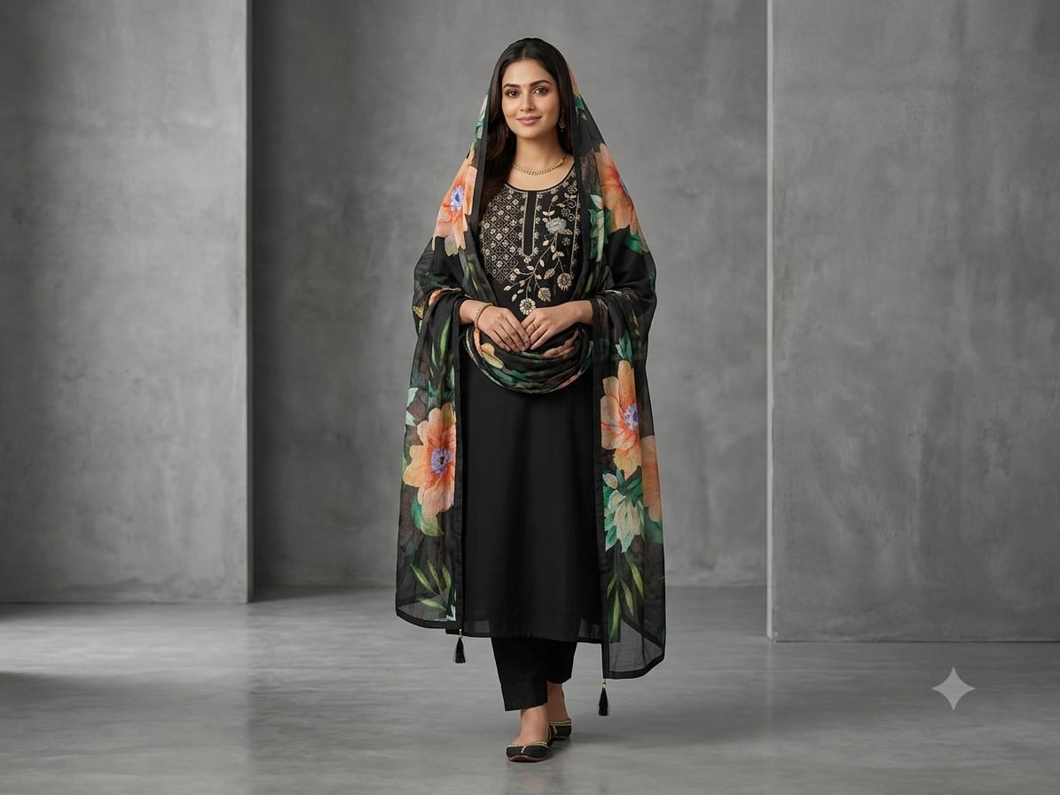 Black Festive Wear Silk Suit With Organza Dupatta 1211