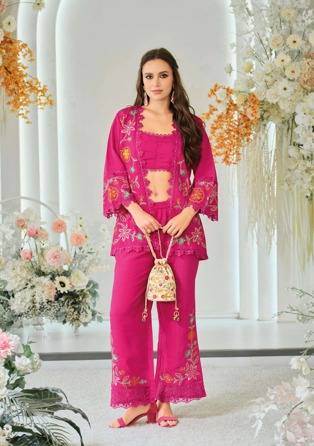 Trendy Silk Wedding Outfit Indo-Western Crop top, Jacket And Palazzo Set 45601