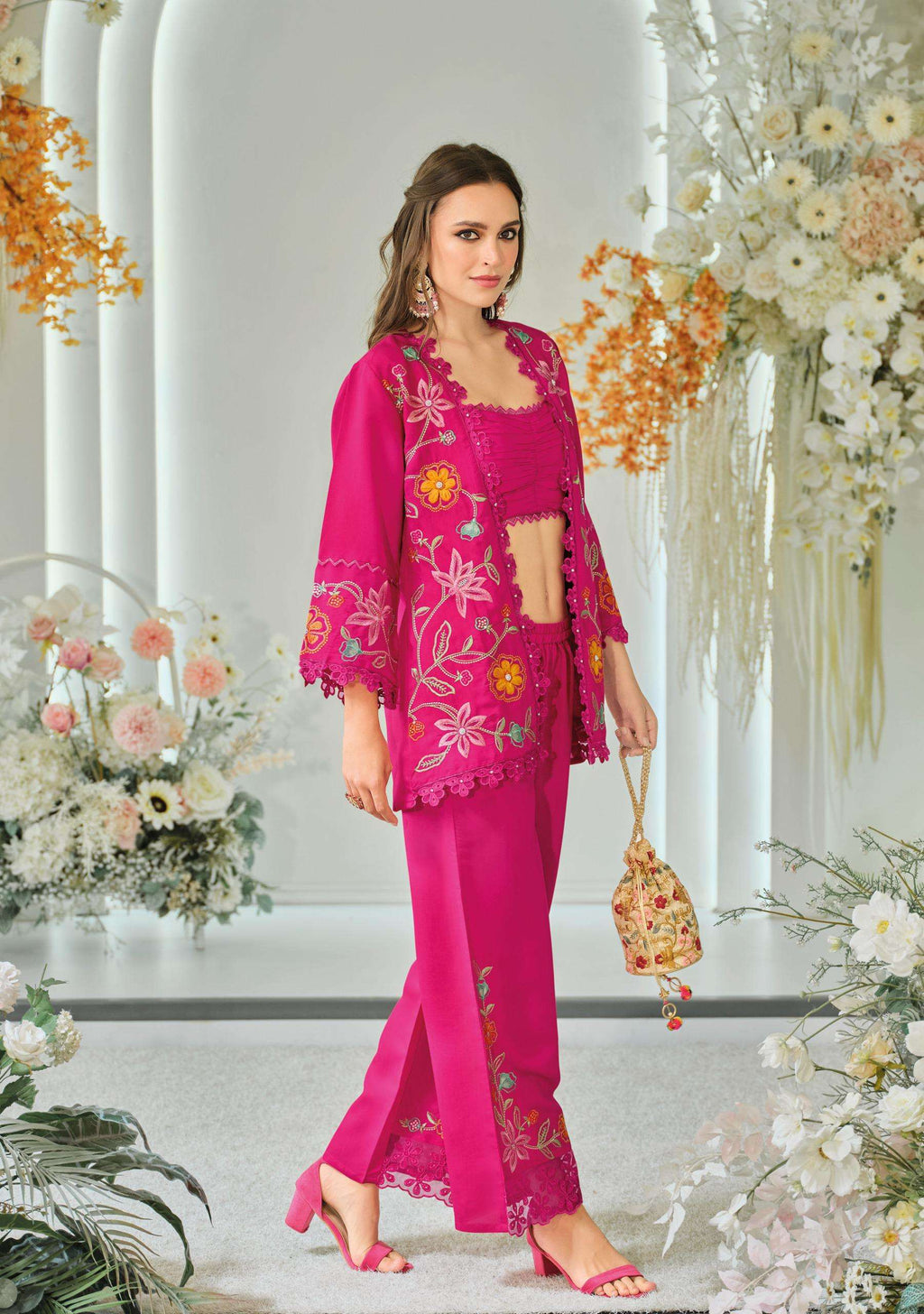 Trendy Silk Wedding Outfit Indo-Western Crop top, Jacket And Palazzo Set 45601