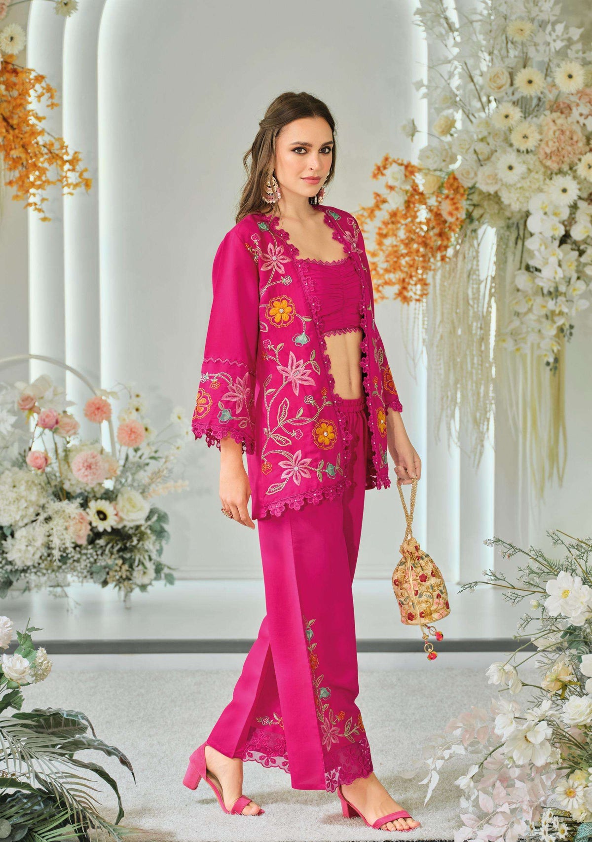 Trendy Silk Wedding Outfit Indo-Western Crop top, Jacket And Palazzo Set 45601