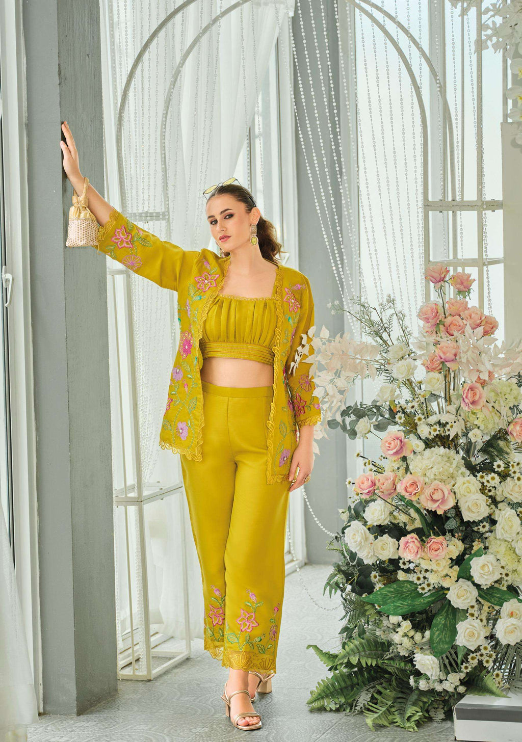 Trendy Silk Wedding Outfit Indo-Western Crop top, Jacket And Palazzo Set 45601