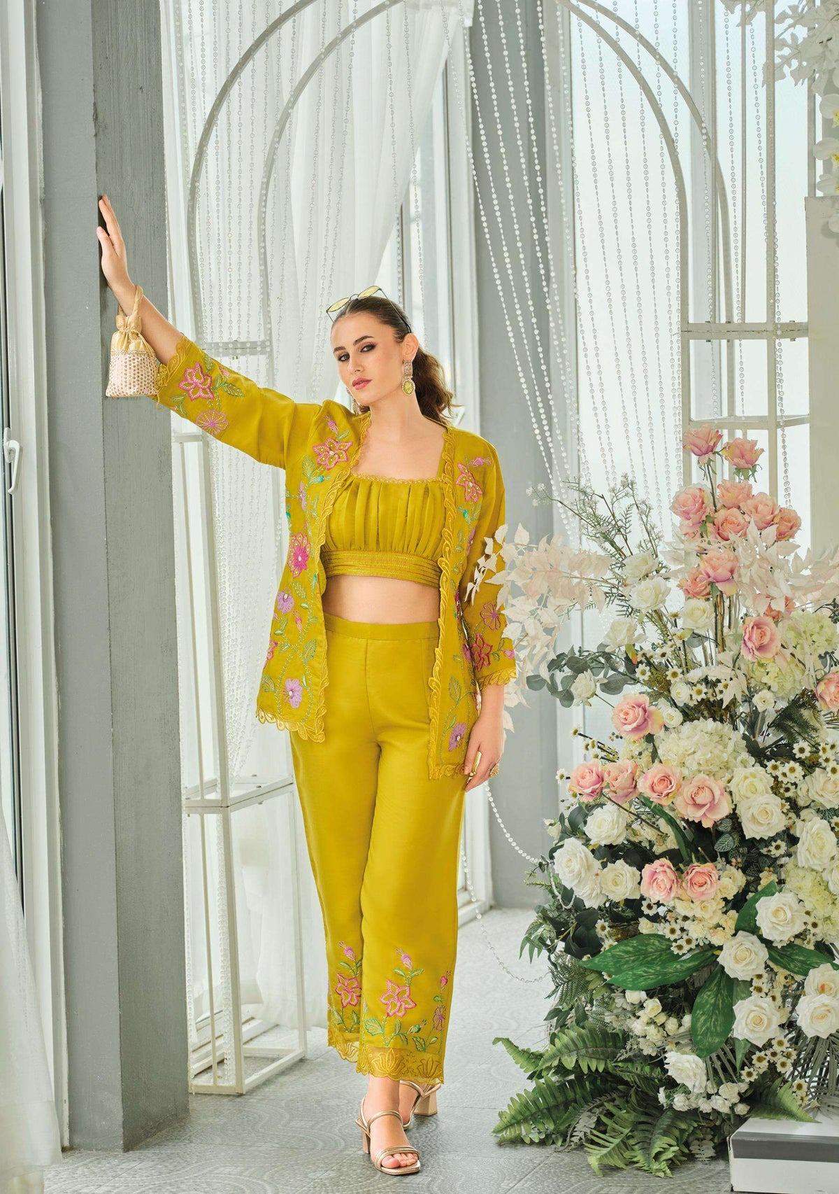 Trendy Silk Wedding Outfit Indo-Western Crop top, Jacket And Palazzo Set 45601