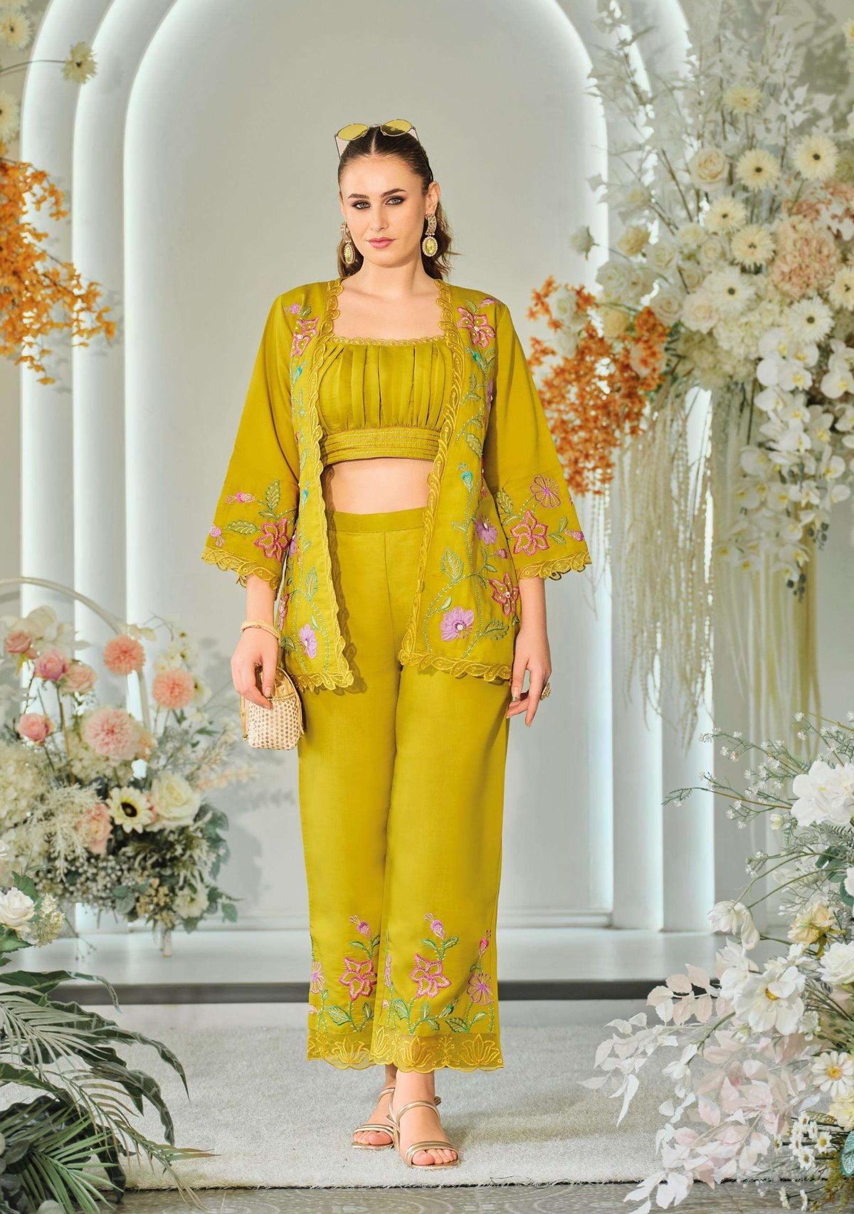 Trendy Silk Wedding Outfit Indo-Western Crop top, Jacket And Palazzo Set 45601