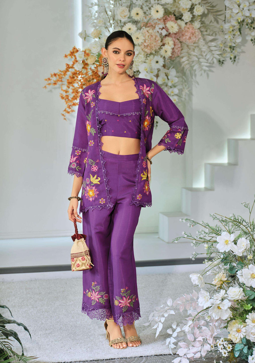 Trendy Silk Wedding Outfit Indo-Western Crop top, Jacket And Palazzo Set 45601