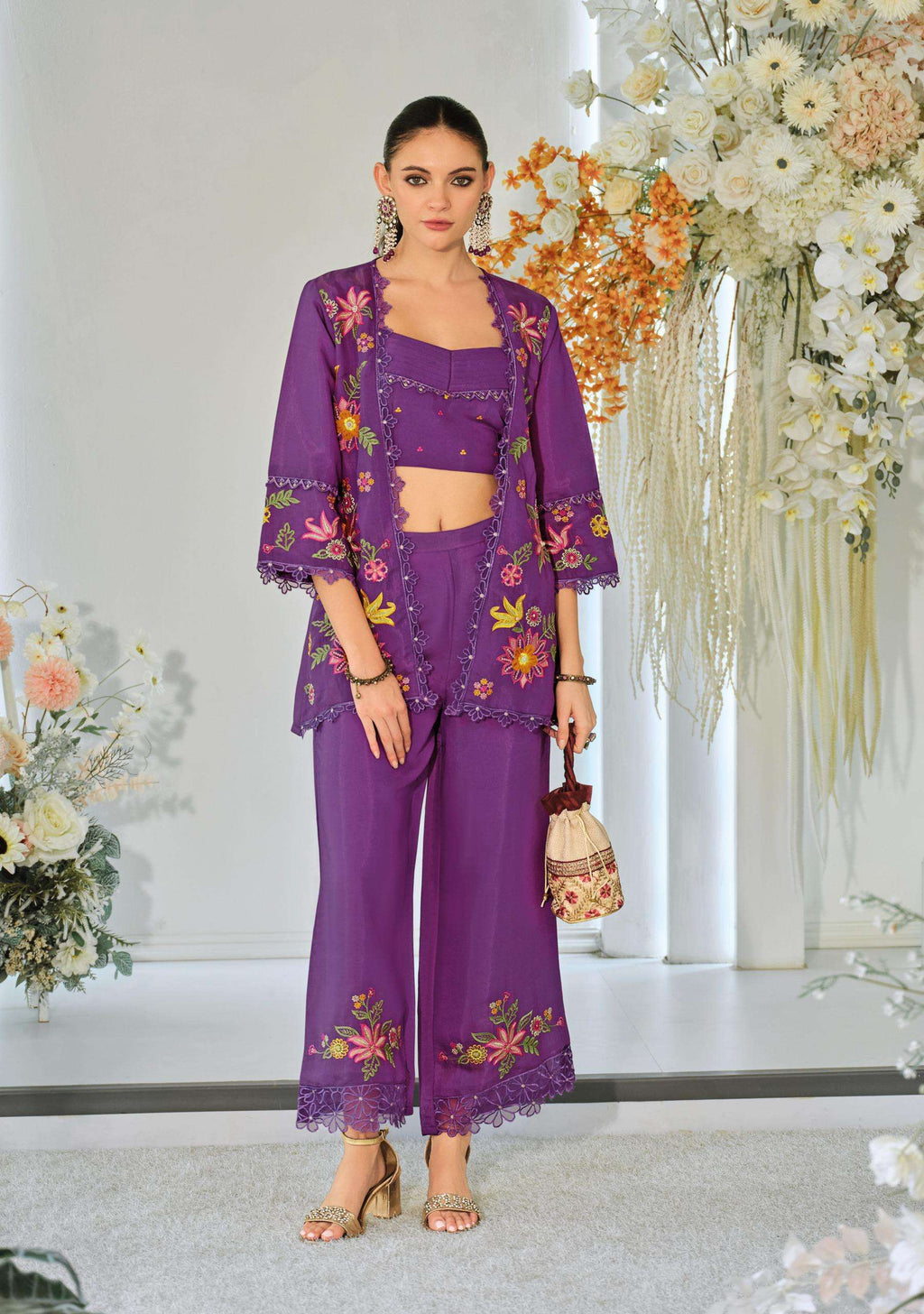 Trendy Silk Wedding Outfit Indo-Western Crop top, Jacket And Palazzo Set 45601