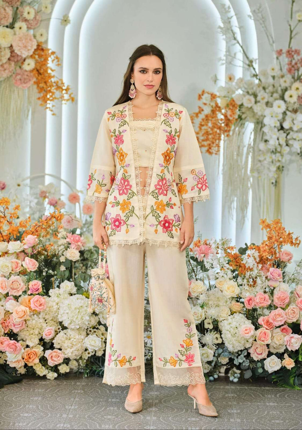 Trendy Silk Wedding Outfit Indo-Western Crop top, Jacket And Palazzo Set 45601