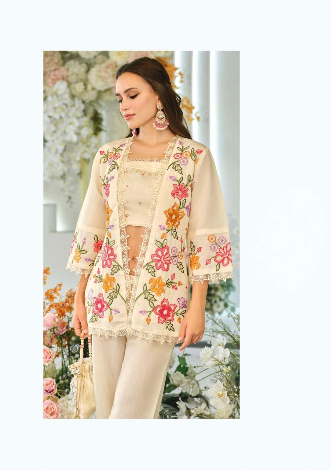 Trendy Silk Wedding Outfit Indo-Western Crop top, Jacket And Palazzo Set 45601