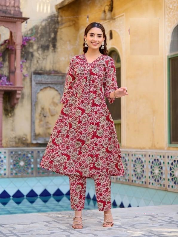 Red Pure Cotton Kurta Set For Summer 1001