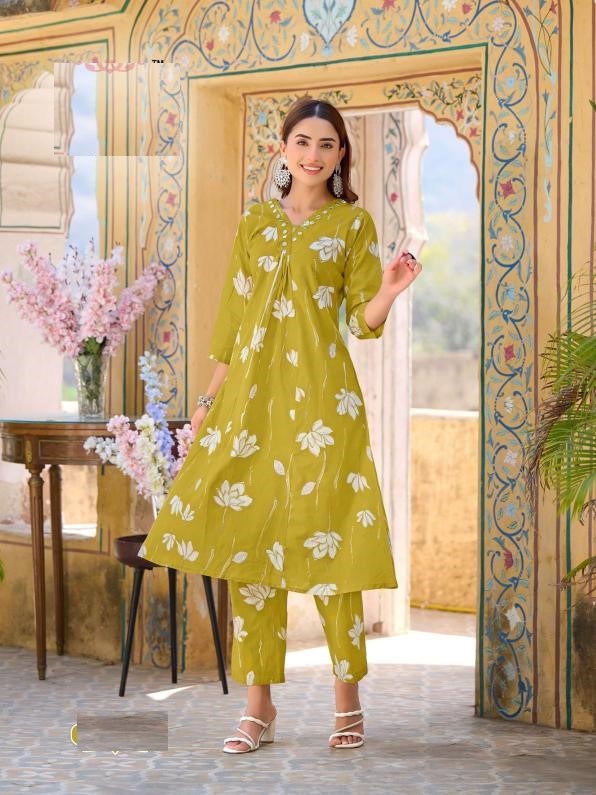 Lemon Green Pure Cotton Kurta Set For Summer 1002