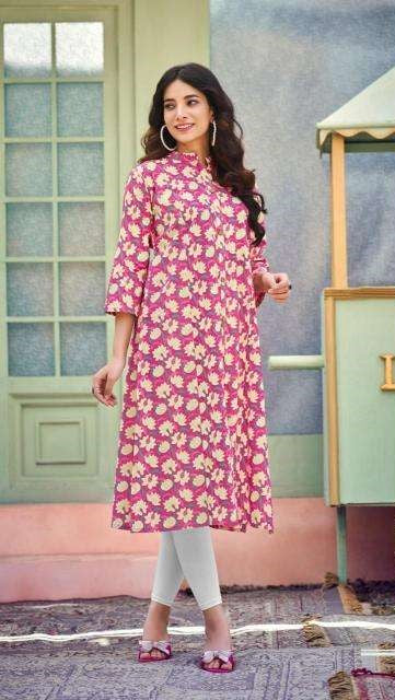 Light Pink Floral Print A-Line Cotton Kurti 1001
