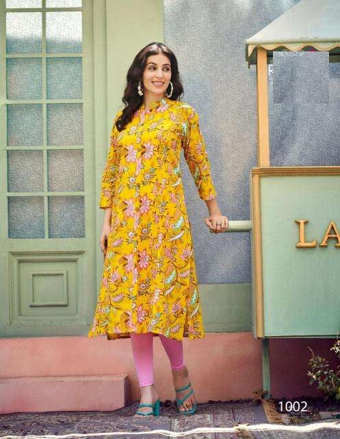Yellow Floral Print A-Line Cotton Kurti 1002