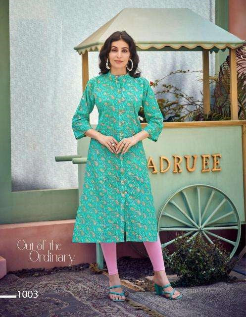 Aqua Green Print A-Line Cotton Kurti 1003