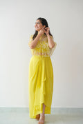 Light Yellow Indo-Western Satin Silk Crop Top, Dhoti Skirt & Net Koti Haldi Set 1613
