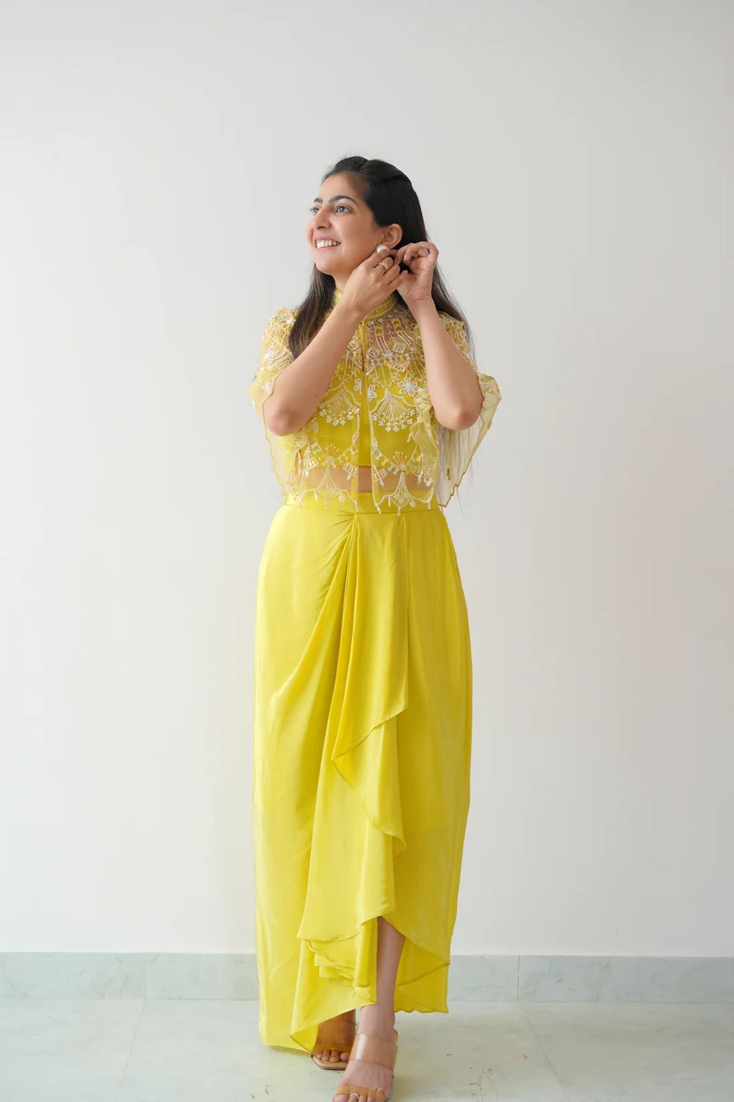 Light Yellow Indo-Western Satin Silk Crop Top, Dhoti Skirt & Net Koti Haldi Set 1613