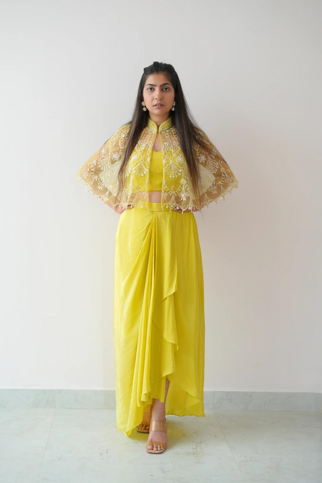 Light Yellow Indo-Western Satin Silk Crop Top, Dhoti Skirt & Net Koti Haldi Set 1613