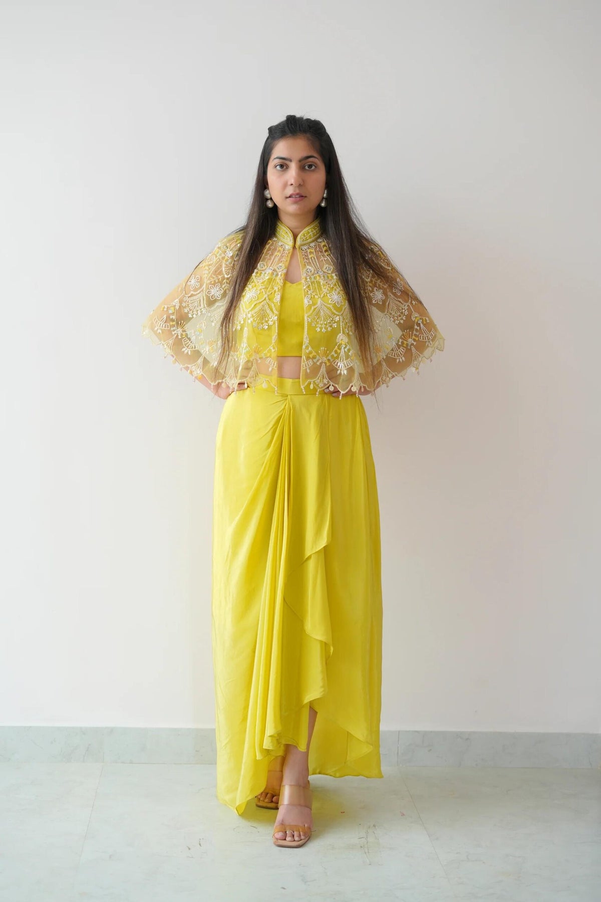 Light Yellow Indo-Western Satin Silk Crop Top, Dhoti Skirt & Net Koti Haldi Set 1613