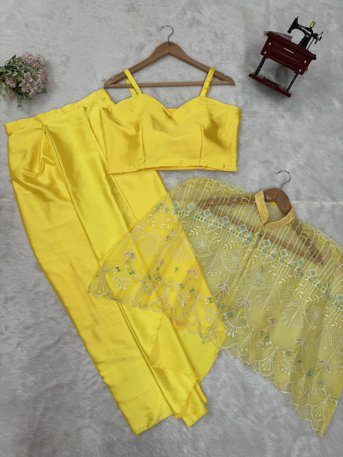 Light Yellow Indo-Western Satin Silk Crop Top, Dhoti Skirt & Net Koti Haldi Set 1613