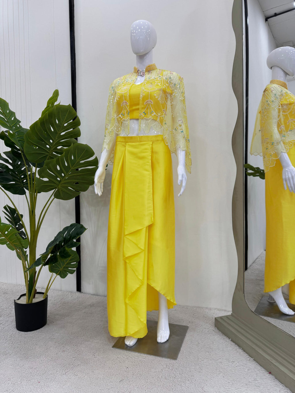 Light Yellow Indo-Western Satin Silk Crop Top, Dhoti Skirt & Net Koti Haldi Set 1613