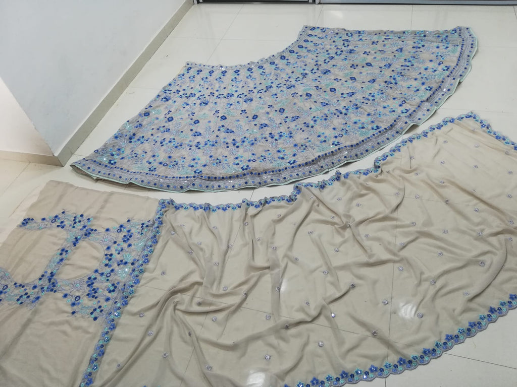 Light Blue Floral Embroidery Georgette Semi Stitched Wedding Lehenga E-008