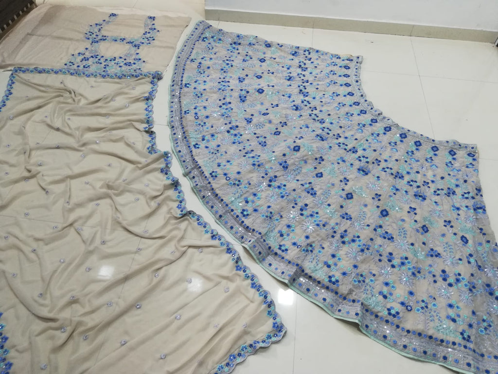 Light Blue Floral Embroidery Georgette Semi Stitched Wedding Lehenga E-008