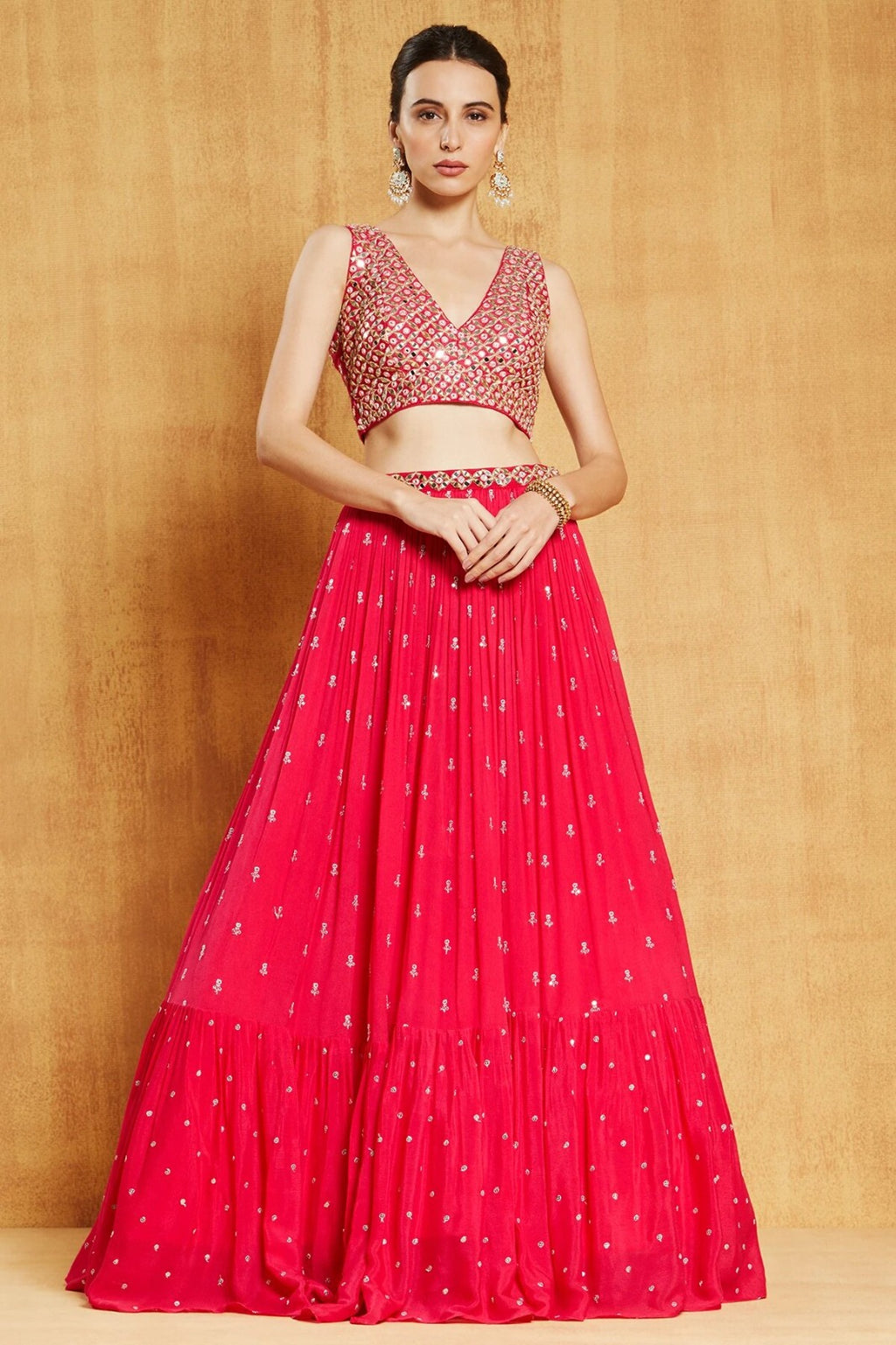 Party Wear Red Georgette Semi Stitch Lehenga E-011