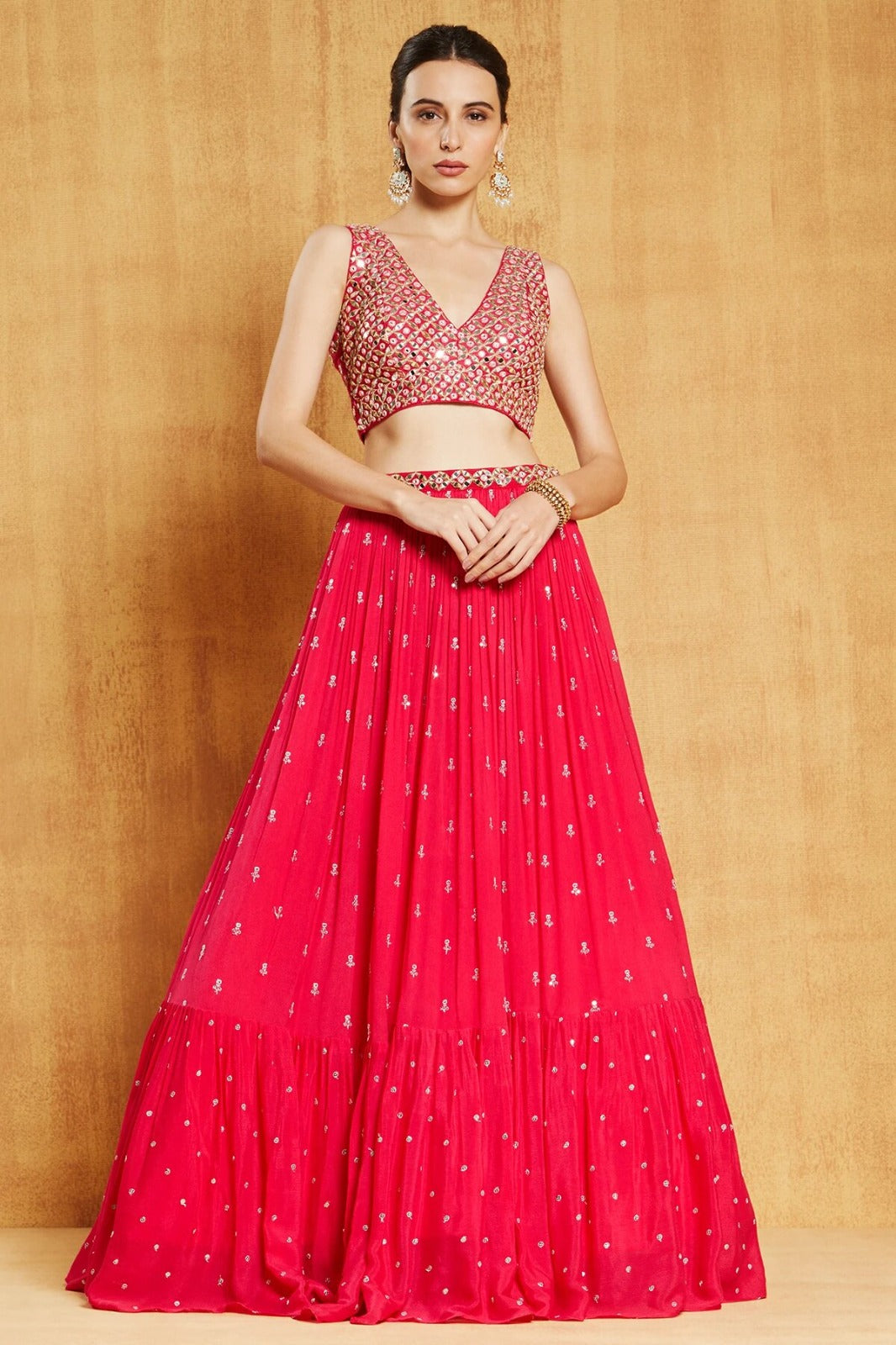 Party Wear Red Georgette Semi Stitch Lehenga E-011