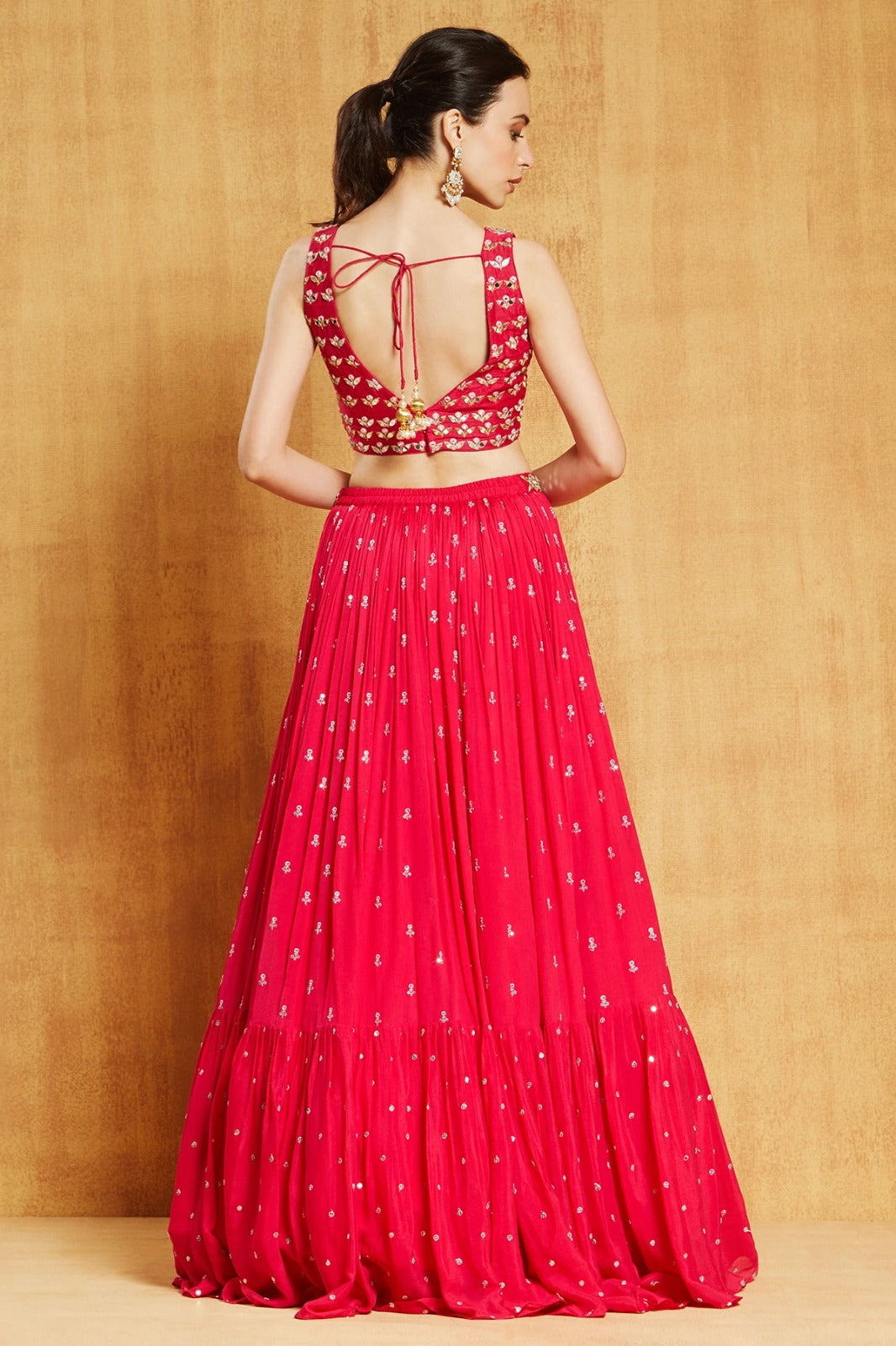 Party Wear Red Georgette Semi Stitch Lehenga E-011