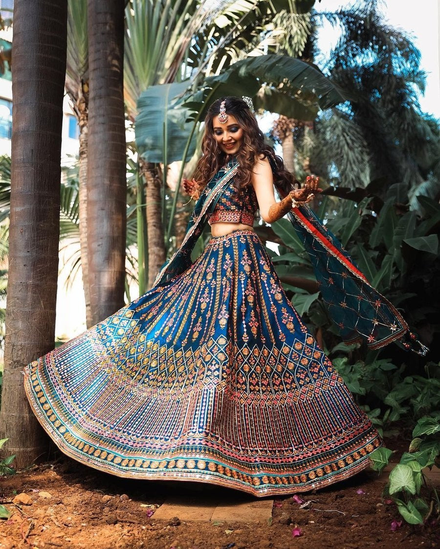 Heavy Chinon Silk Royal Blue Wedding Lehenga E-030