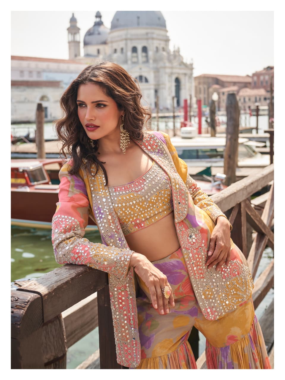 Wedding Indo-Western Chinon Silk Crop Top, Gharara And Blazer Suit 10180