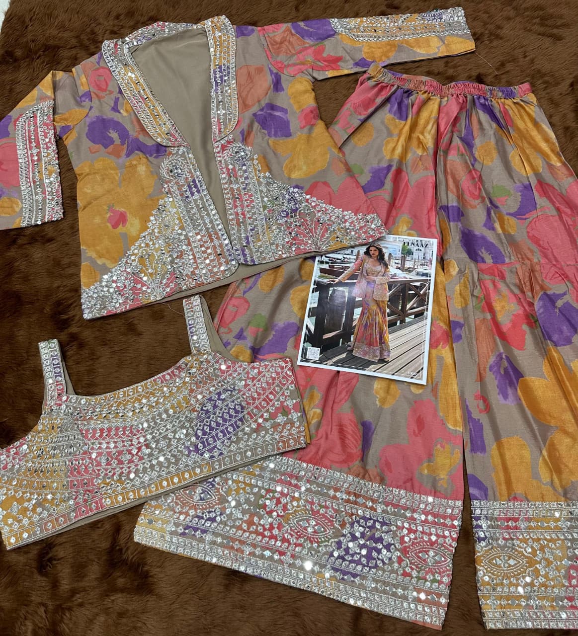 Wedding Indo-Western Chinon Silk Crop Top, Gharara And Blazer Suit 10180
