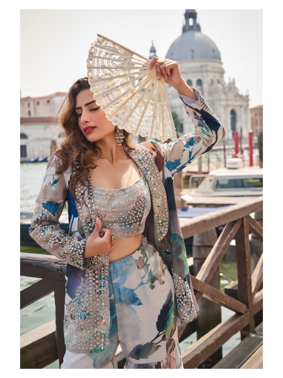 Wedding Indo-Western Chinon Silk Crop Top, Gharara And Blazer Suit 10180