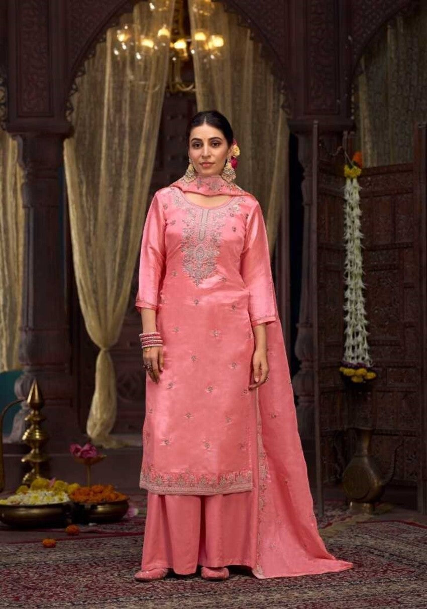 Light Pink Hand Work Organza Silk Full Stitched Plus Size Festive Suit 12125