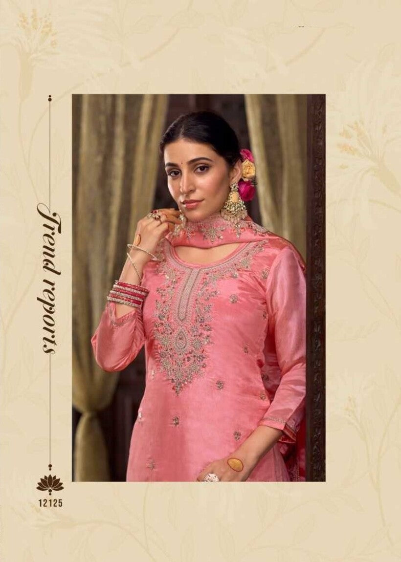 Light Pink Hand Work Organza Silk Full Stitched Plus Size Festive Suit 12125