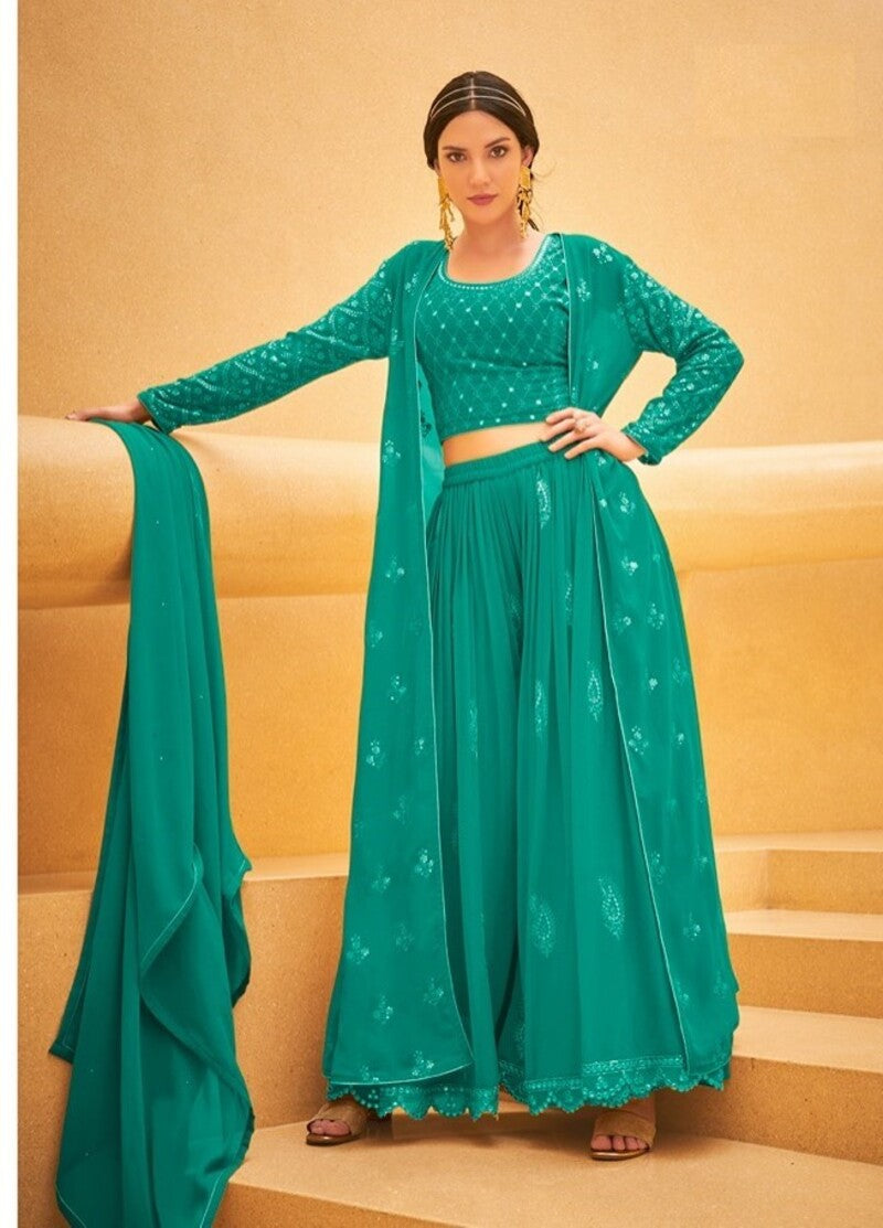 Wedding Collection Indo-Western Pure Georgette Crop Top, Palazzo & Shrug Set 5113