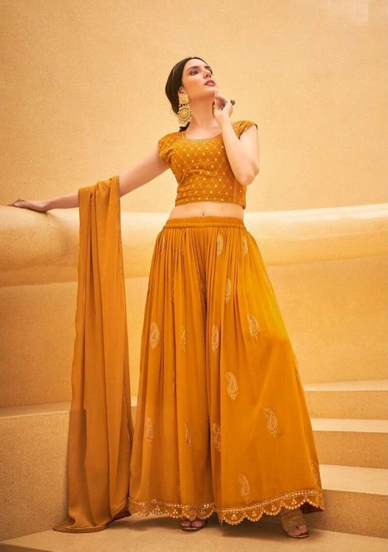 Wedding Collection Indo-Western Pure Georgette Crop Top, Palazzo & Shrug Set 5113