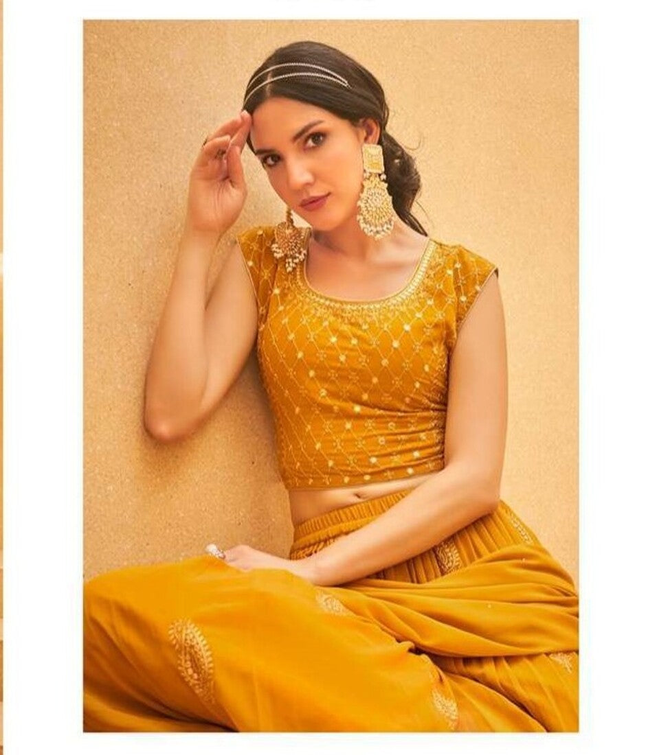 Wedding Collection Indo-Western Pure Georgette Crop Top, Palazzo & Shrug Set 5113