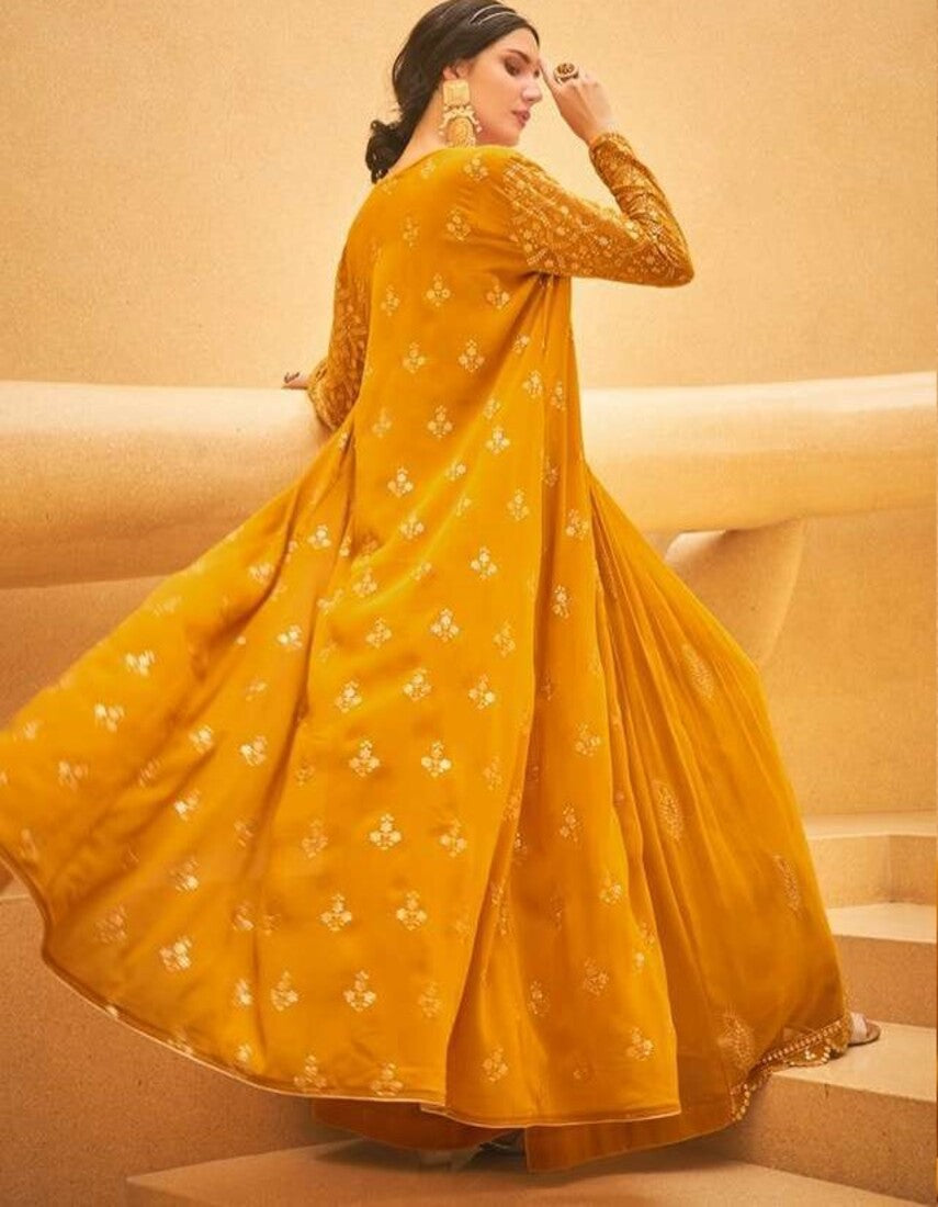 Wedding Collection Indo-Western Pure Georgette Crop Top, Palazzo & Shrug Set 5113