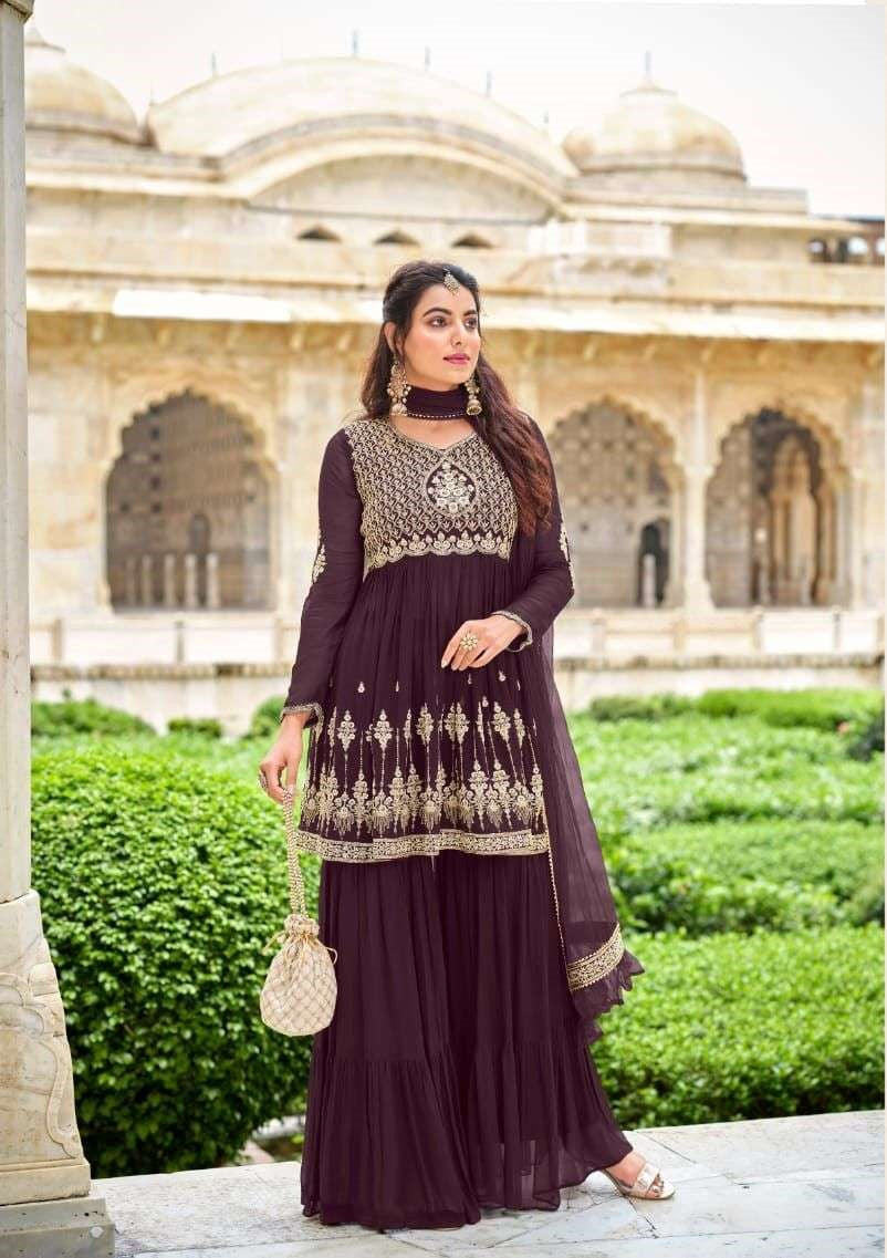 Wine Georgette Full Stitch Wedding Gharara Suit 501
